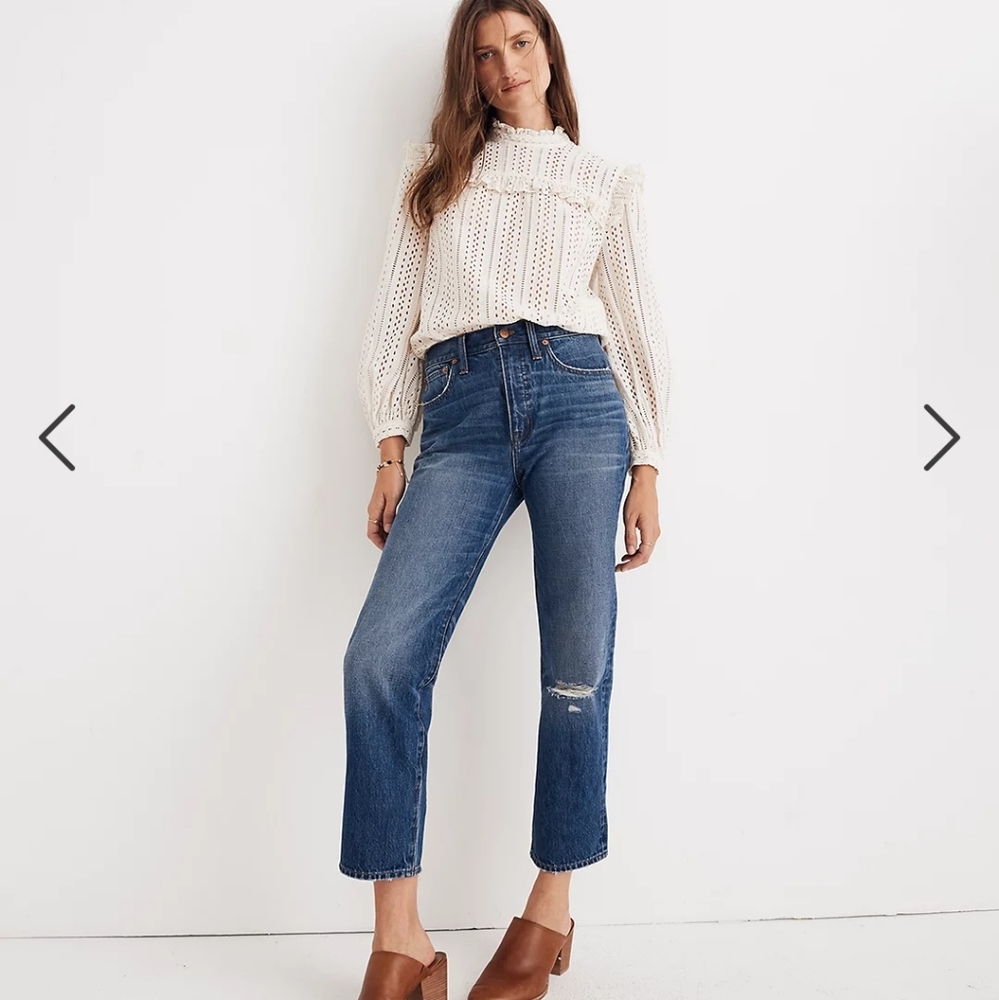 Madewell Classic Straight Jeans Jade Wash Knee Rip
